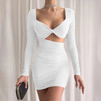 Black Hollow Out Ruched Bag Hip Bodycon Mini Solid Color Long Sleeve Pleated Party Dress