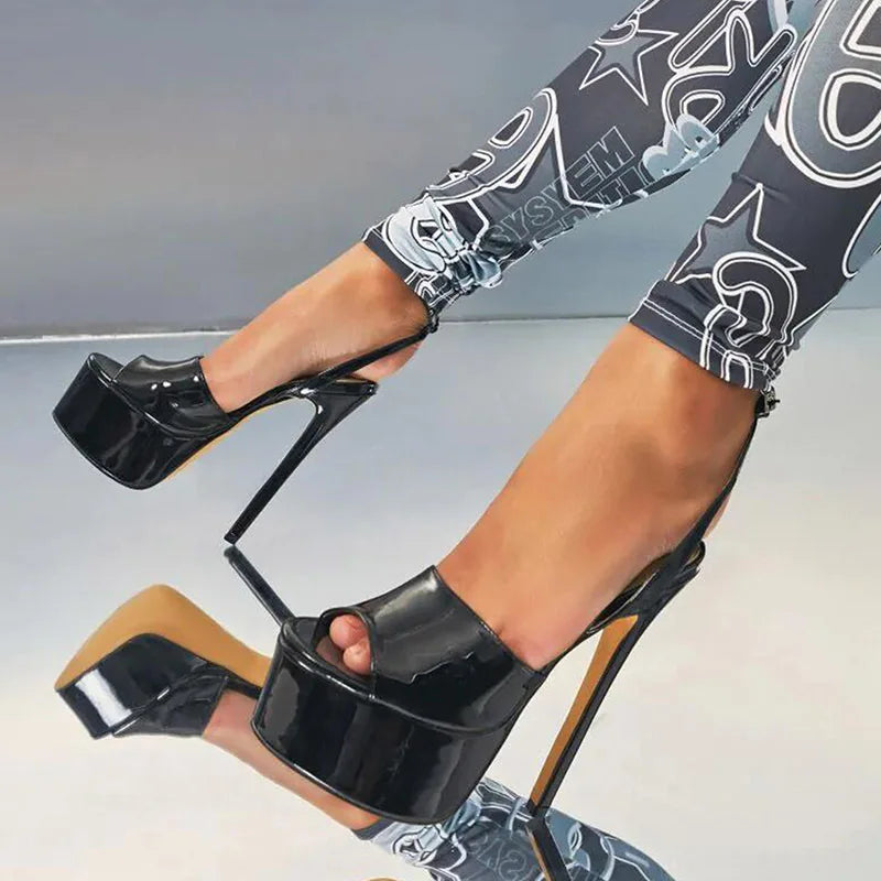 Black Platform Open Toe Super Thin High Heel Patent Leather High Heel Secondary image