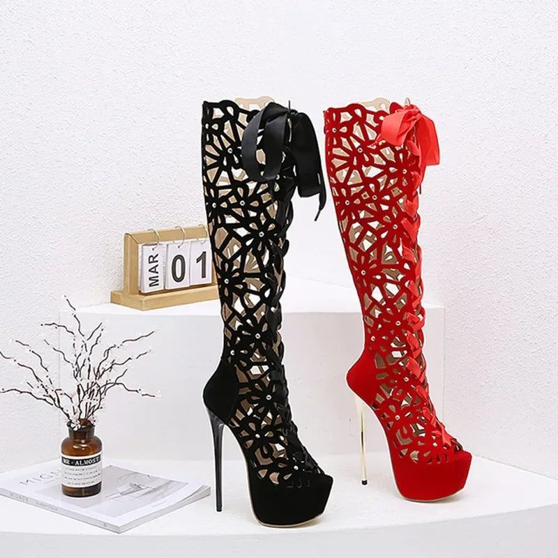 Trendy Club Hollow Out Flock Leather Peep Toe Back Zip High Heel High Heel Secondary image