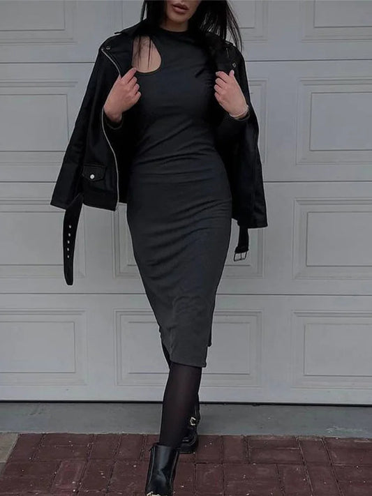 Sexy Cut Out  Elegant O-neck Long Solid Casual Midi Dresses