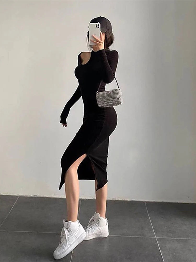 Sexy Cut Out  Elegant O-neck Long Solid Casual Midi Dresses