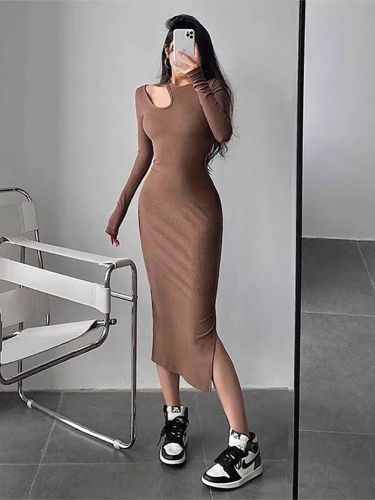 Sexy Cut Out O-neck Long Sleeve Solid Casual Midi Dresses
