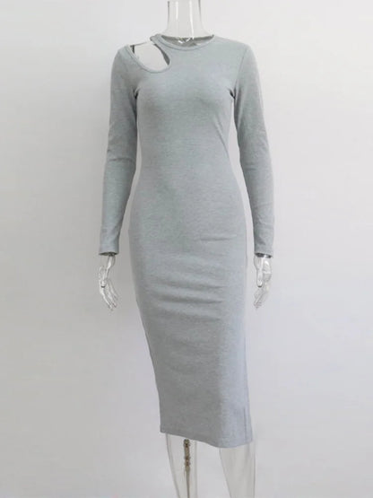 Sexy Cut Out O-neck Long Sleeve Solid Casual Midi Dresses