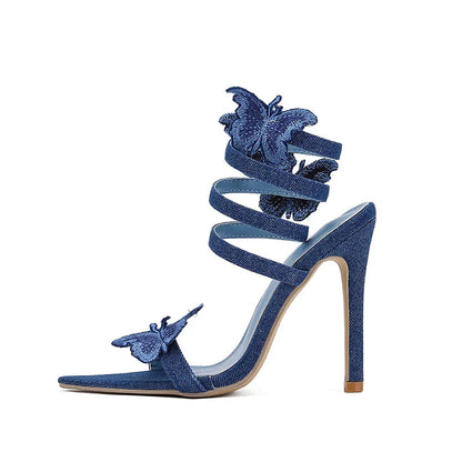 Denim Embroidery Butterfly-knot Thin High Heel Pointed Toe Party High Heel