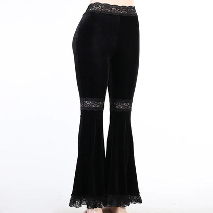 Sexy Patchwork Lace Solid Flare Gothic Dark High Waist Loose New Suede Pants