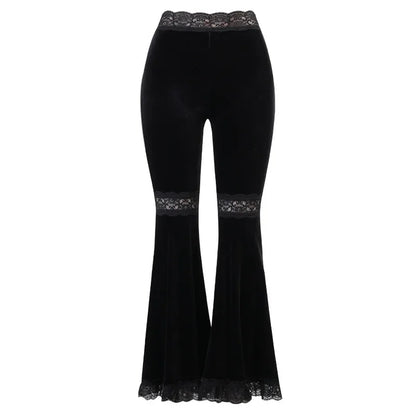 Sexy Patchwork Lace Solid Flare Gothic Dark High Waist Loose New Suede Pants