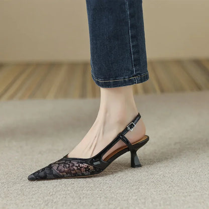 Lace Pointed Stiletto Summer New Fashion Back Empty Women's Shoes Low Heel Pumps