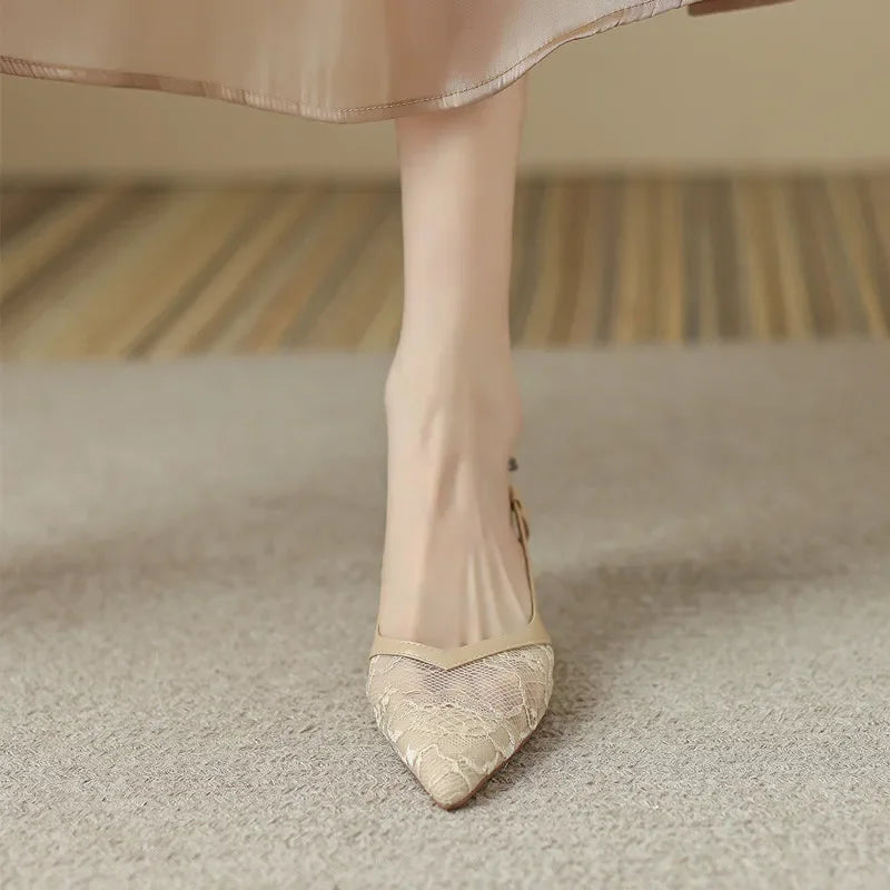 Lace Pointed Stiletto Summer New Fashion Back Empty Women's Shoes Low Heel Pumps Secondary image