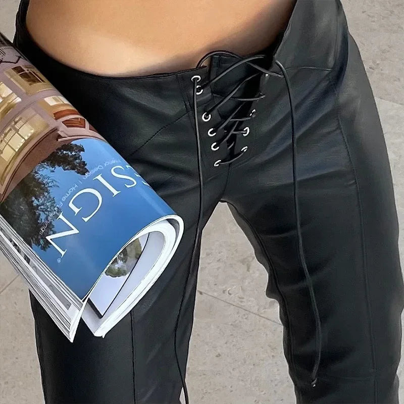 Low Waist PU Leather Slim Lace Up Hem Split Floor-Length Clubwear Pants Main image