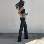 Low Waist PU Leather Slim Lace Up Hem Split Floor-Length Clubwear Pants