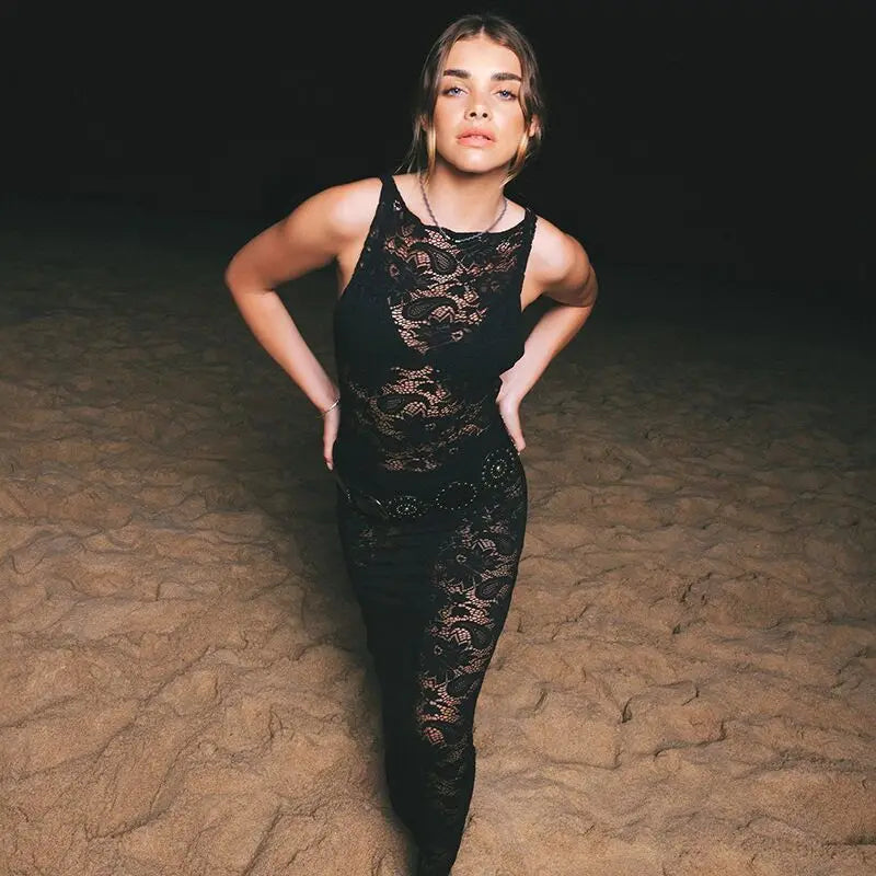 Sexy Mesh See Through Slim Maxi Lace Dress – DressBetty