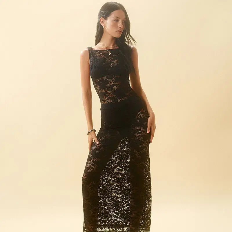 Sexy Mesh See Through Slim Maxi Lace Dress – DressBetty