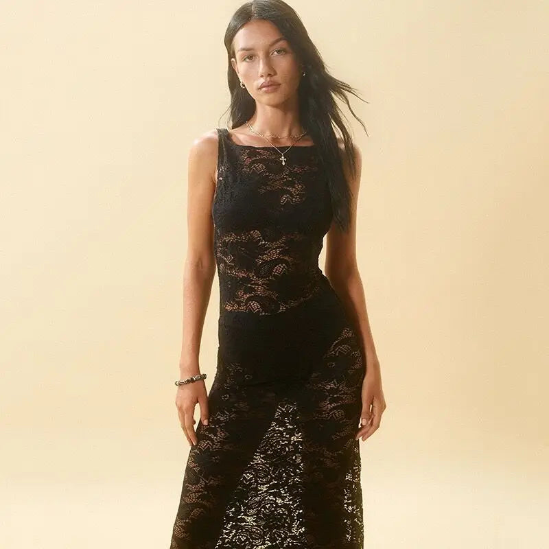 Sexy Mesh See Through Slim Maxi Lace Dress – DressBetty