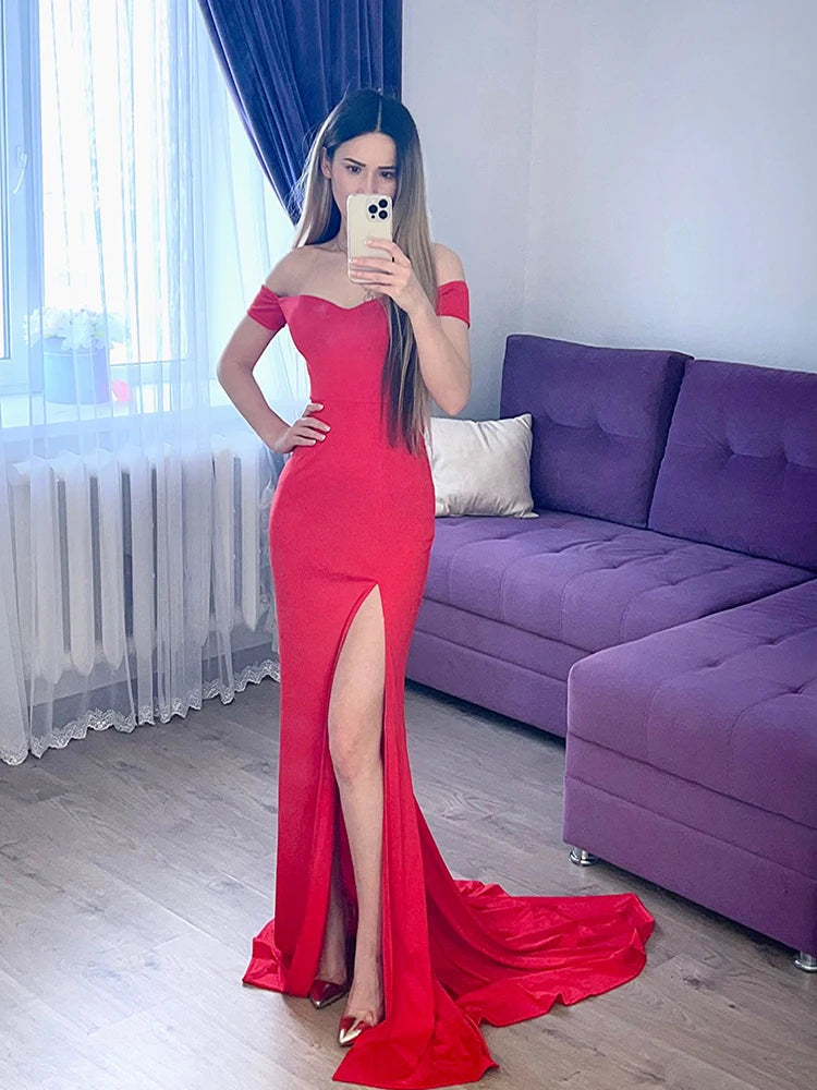 Red Off Shoulder Mermaid Bodycon Split Christmas Party Dress