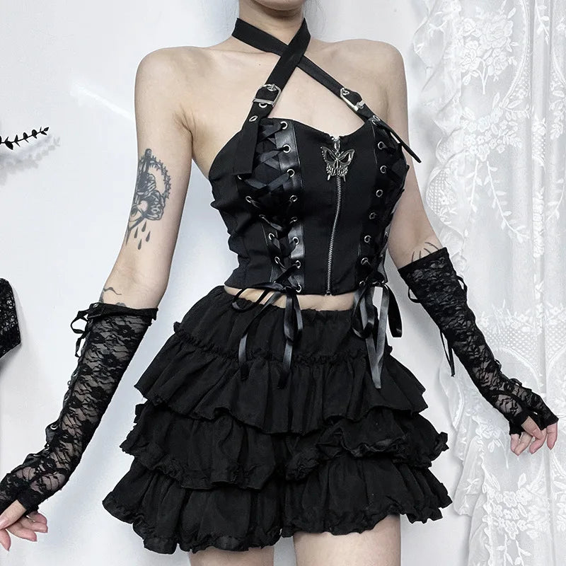 PU Camisole Grunge Gothic Bandage Zipper Backless Streetwear Aesthetic Leather Crop Top Main image
