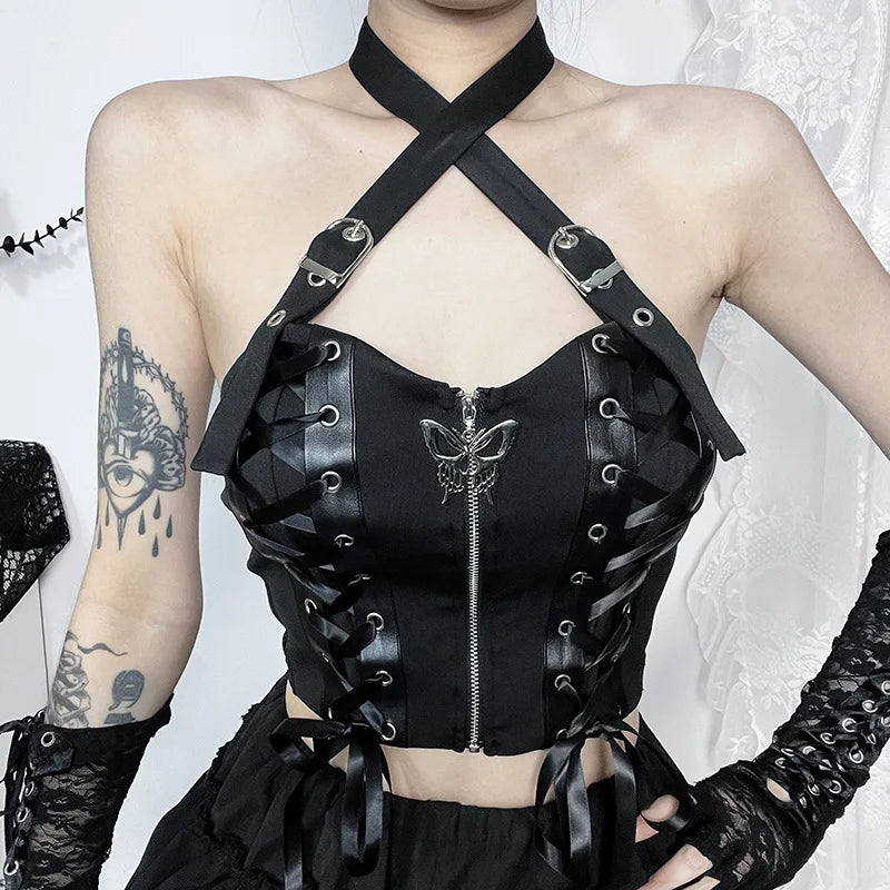 PU Camisole Grunge Gothic Bandage Zipper Backless Streetwear Aesthetic Leather Crop Top