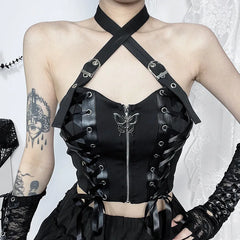 PU Camisole Grunge Gothic Bandage Zipper Backless Streetwear Aesthetic Leather Crop Top