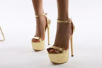 Peep Toe Buckle Strap Catwalk Wedding Gold Platform Thin Heel High Heel