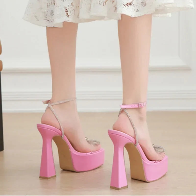 Peep Toe Platform Square Head Rhinestone Butterfly-knot 16CM High Heel High Heel