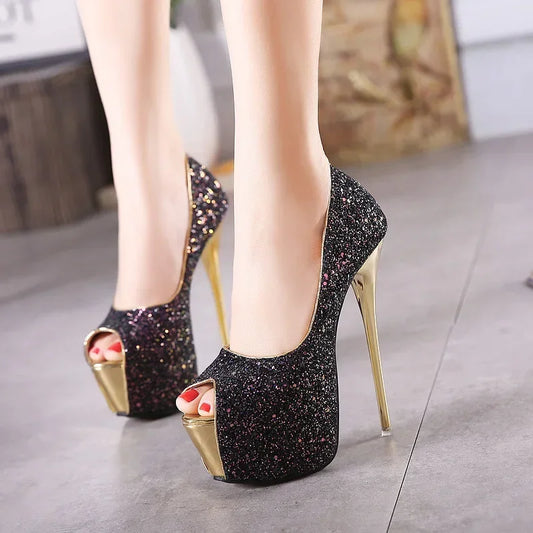 Gorgeous Peep Toe Platform Ultra High Heel Designer Bling Sequins High Heel