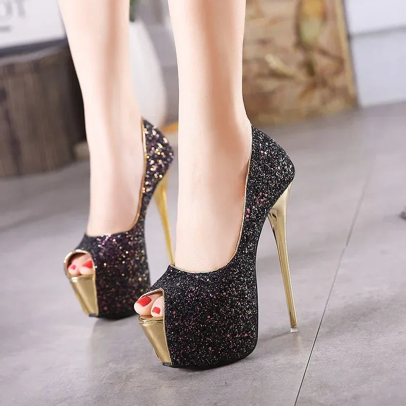Gorgeous Peep Toe Platform Ultra High Heel Designer Bling Sequins High Heel Main image