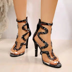 Peep Toe PVC Transparent Serpentine Leather Patchwork High Heel