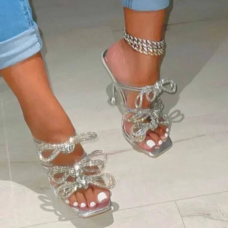 peep toe transparent square head glitter rhinestones butterfly knot party High Heel