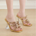 peep toe transparent square head glitter rhinestones butterfly knot party High Heel