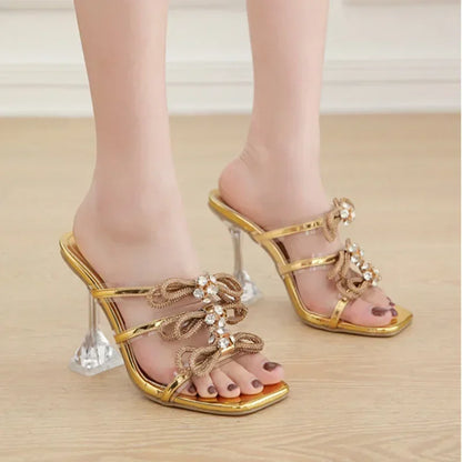 Sexy peep toe transparent square head glitter rhinestones butterfly knot party High Heel