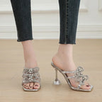 peep toe transparent square head glitter rhinestones butterfly knot party High Heel