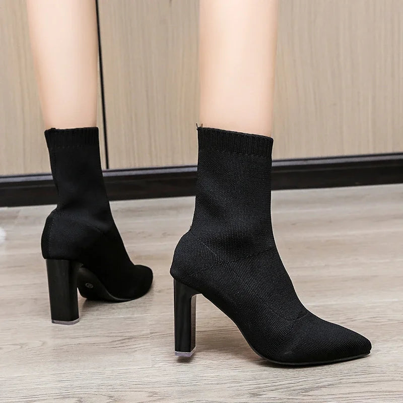Pointed Toe Knitted Stretch Fabric Plus Size Black Modern Ankle Boot Main image