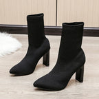 Pointed Toe Knitted Stretch Fabric Plus Size Black Modern Ankle Boot