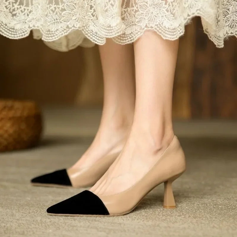 Pointed Elegant Summer Korean Fashion Apricot Black Color Block High Low Heel Pumps Main image