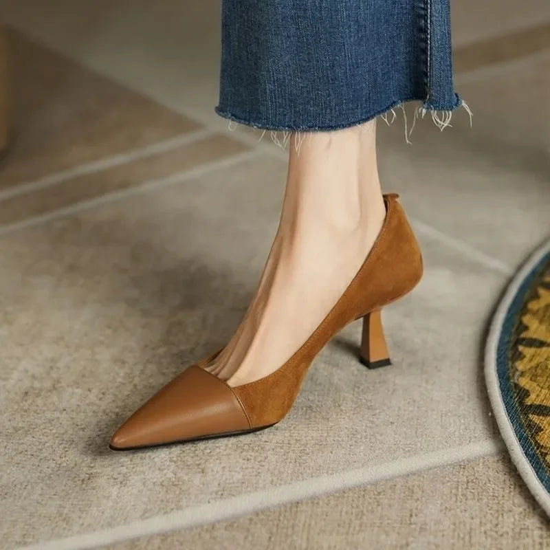 Pointed Elegant Summer Korean Fashion Apricot Black Color Block High Low Heel Pumps Secondary image
