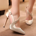 Rhinestone Pointed Toe Buckle Strap Hollow Evening Party High Heel