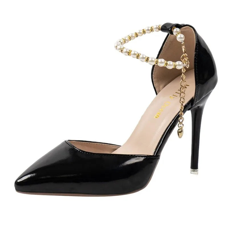 Sexy Bead Patent Leather Ankle Strap Pointed Toe Customizable High Heel