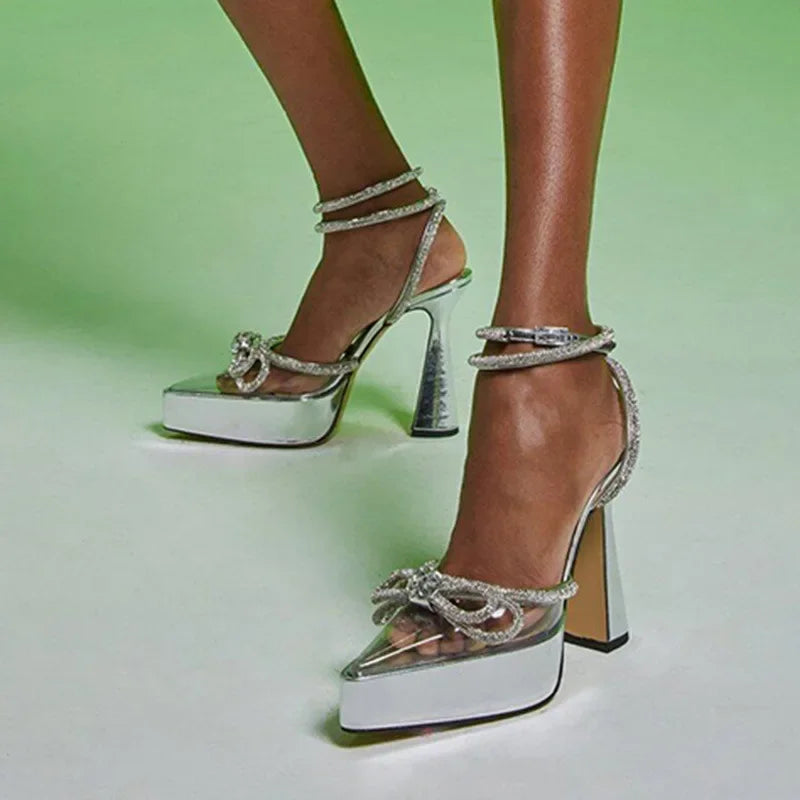 Transparent PVC Cover Pointed Butterfly-knot Chunky High Heel High Heel Secondary image