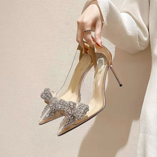 Transparent Rhinestone Butterfly-knot Pointed Toe Wedding High Heel High Heel