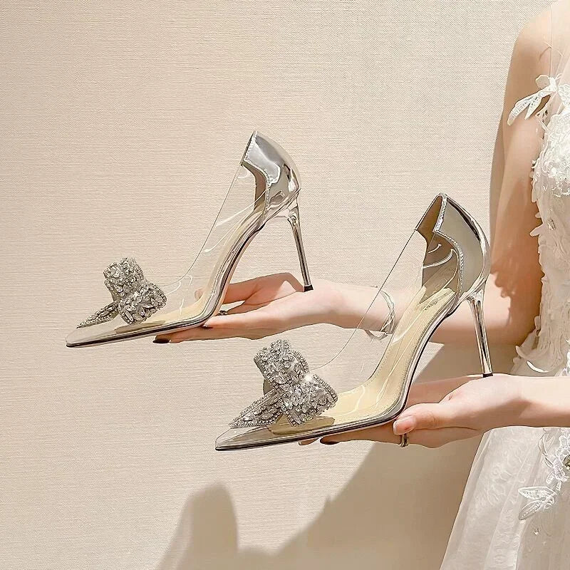Transparent Rhinestone Butterfly-knot Pointed Toe Wedding High Heel High Heel Secondary image