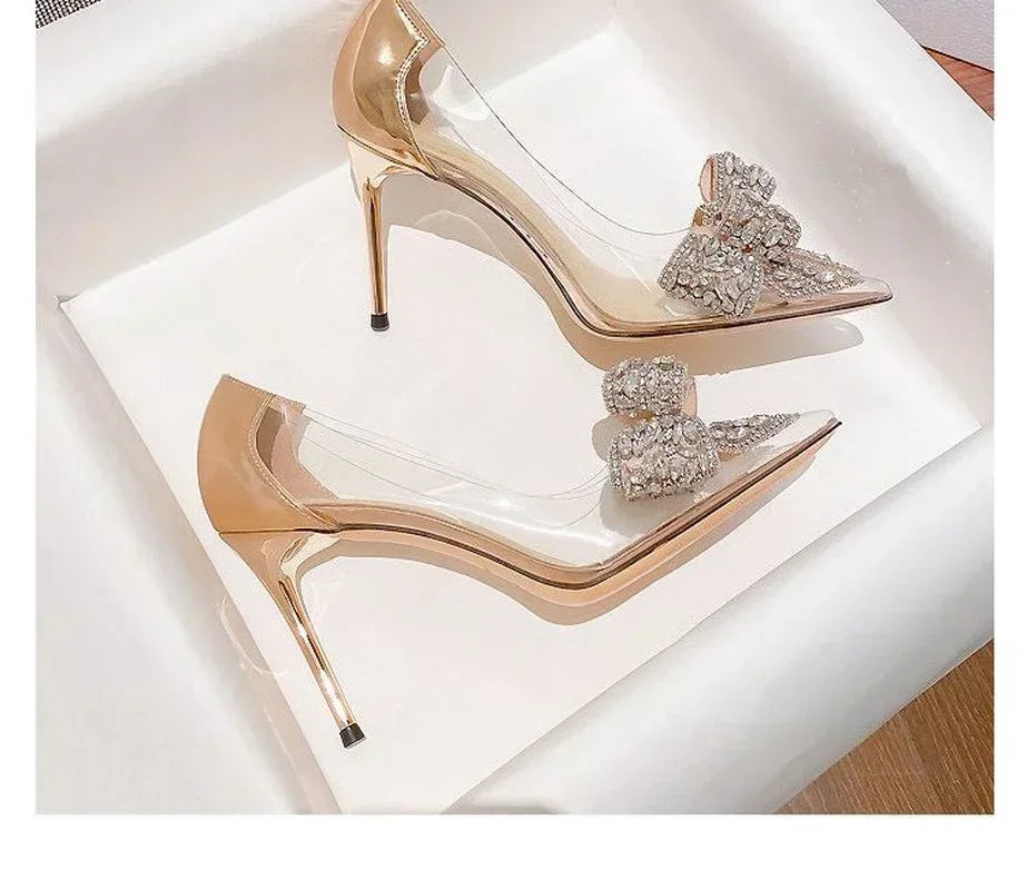 Transparent Rhinestone Butterfly-knot Pointed Toe Wedding High Heel High Heel