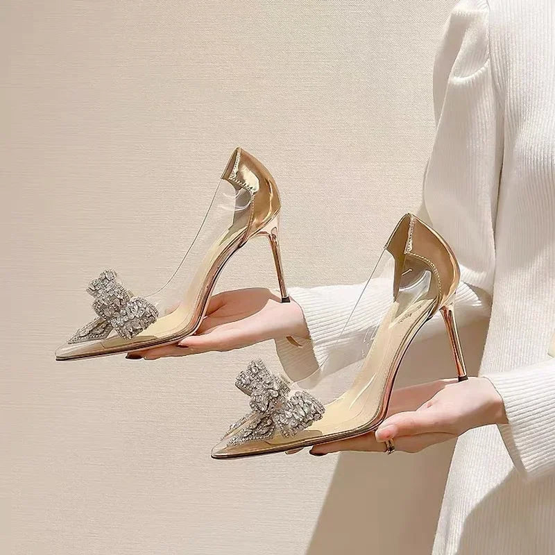 Transparent Rhinestone Butterfly-knot Pointed Toe Wedding High Heel High Heel