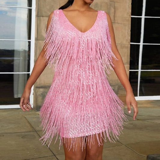 Sexy V-Neck Tassel Mini Elegant Sleeveless Sequin New Ladies Summer Night Club Cami Fringe Dress