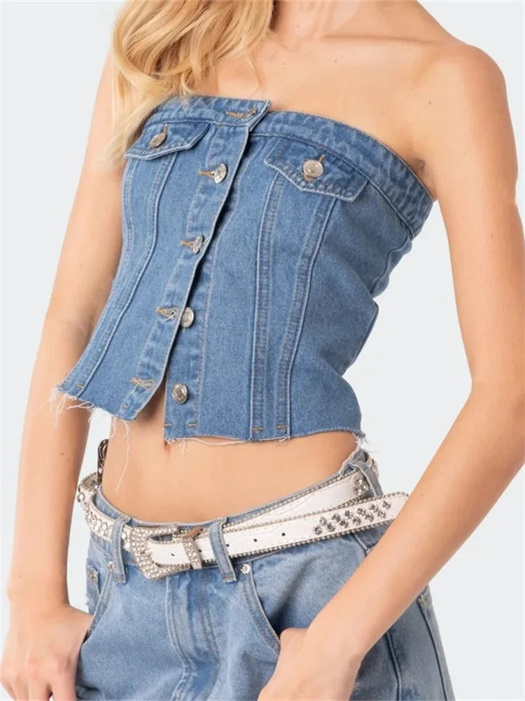 Sexy Women Denim Tube Strapless Slim Fit Button Down Bustiers Corsets Streetwear Summer Off Shoulder Vests Crop Top