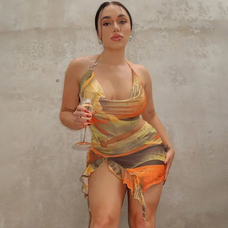 Tie Dye Halter Cut Out Ruffle Mini Dress Secondary image