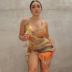 Tie Dye Halter Cut Out Ruffle Mini Dress