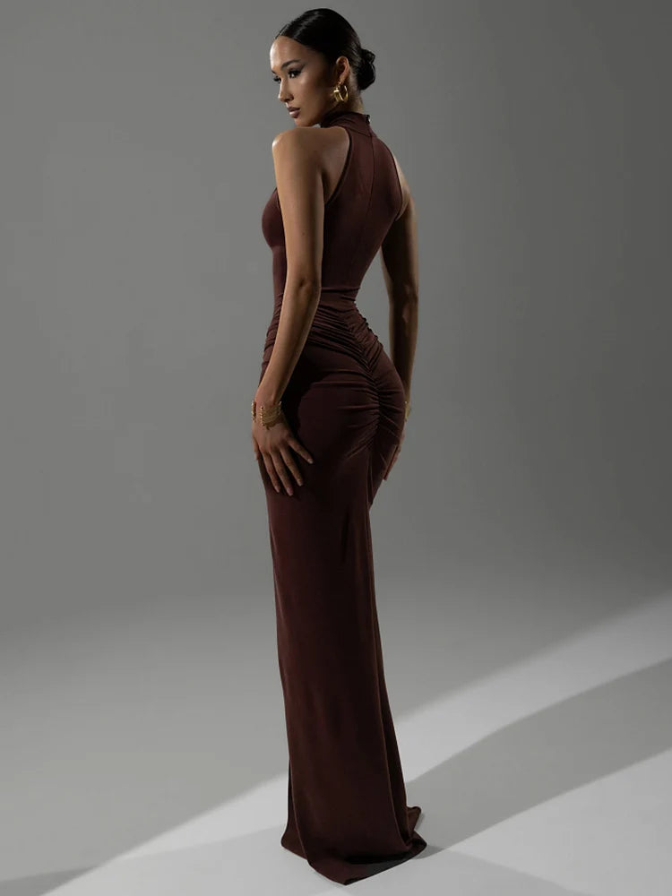 Ruched Halter Split Maxi Dress