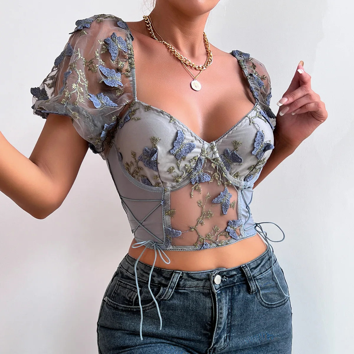Puff Sleeve Mesh Patchwork Boho Crop Top Secondary image