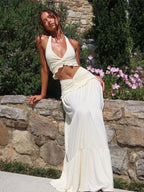 Ruched Halter Backless Ruffle Waist Two Piece Skirt Set