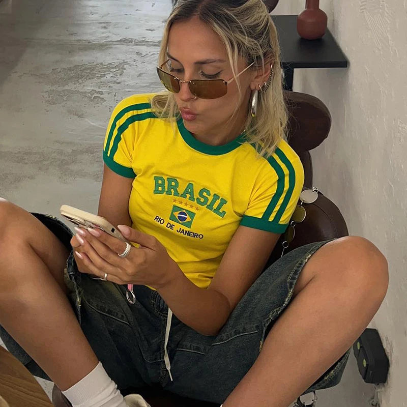 Ba Flag Letter Print Slim Fit Crop Top