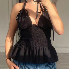 Y2K Floral Print Ruffled Hem Tie-Up Cami Top